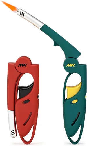 Vista 12 de MK - Encendedor largo, resistente al viento, recargable, con cuello plegable, llama ajustable, bloqueo de seguridad y ventana de combustible