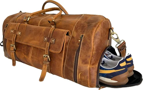 Vista 2 de KomalC Bolsas de lona de cuero para hombres y mujeres de grano completo de viaje durante la noche, fin de semana, bolsas de cuero para deportes