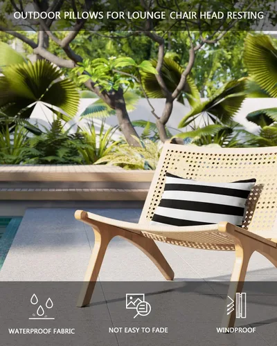 Vista 4 de Almohada de exterior para tumbona, diseño de rayas simples en blanco y negro, impermeable, almohada lumbar con inserto y correa elástica ajustable