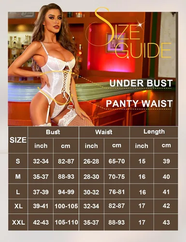 Vista 5 de RSLOVE Conjunto de lencería sexy para mujer, peluche exótico con liguero, 2 piezas de encaje con tirantes, body travieso babydoll