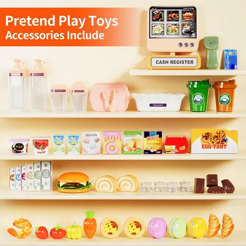 Vista 6 de Pupu Pig Play Food Store Juguetes para niños, tienda de comestibles de juego de simulación con caja registradora para niños con pedido de voz