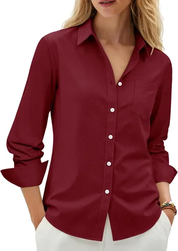 Vista 10 de siliteelon Camisas con botones para mujer, camisa Oxford de algodón, camisa de vestir de manga larga, blusas de trabajo con bolsillo
