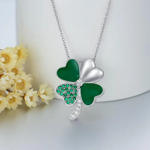 Vista 5 de Collar de trébol del día de San Patricio, irlandés, trébol de cuatro hojas, collares de trébol para mujer, plata de ley 925, a la moda, verde