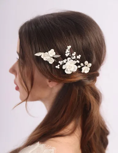 Vista 7 de Teyglen 3 horquillas para el pelo de boda, horquillas de flores para novia, flores y hojas, pinzas para el cabello de perlas para novia, accesorios
