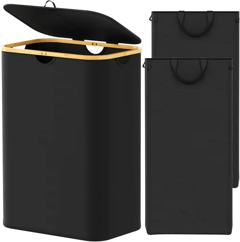 Vista 12 de SpaceAid Cesta de lavandería delgada con ruedas y tapa, cesta de ropa estrecha rodante de 62 litros con mango de bambú, canasta grande para ropa