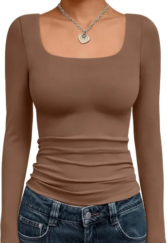 Vista 48 de Trendy Queen - Camisas ombligueras para mujer, manga larga, cuello cuadrado, básicas, para salir, de invierno, Y2K Albaricoque