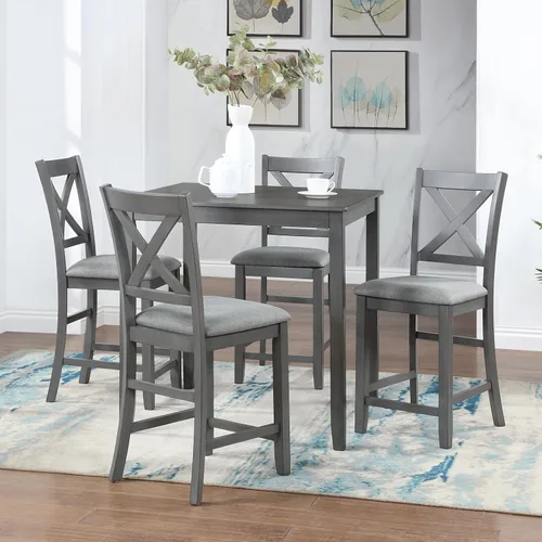 Vista 15 de Juego de mesa de comedor de 5 piezas para 4, juego de mesa de comedor cuadrada de madera maciza, juego de mesa de cocina con mesa cuadrada y 4