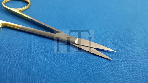 Vista 3 de TIJERAS T/C IRIS RECTAS 4.5" AGUJAS CON INSERTOS DE CARBRO TUNGSTEN CON MANGO ORO (HTI BRAND)