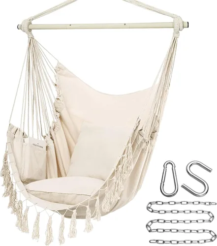 Vista 10 de Y- STOP Silla Hamaca Colgante Columpio de Cuerda, Máximo 500 Libras, 2 Cojines Incluidos, Silla Colgante Grande de Macramé con Bolsillo, Tejido