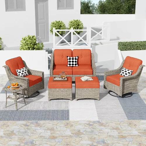 Vista 35 de HOOOWOOO Sofá de patio de 3 plazas de mimbre para exteriores, resistente a todo tipo de clima, con respaldo alto, muebles a juego (beige y bronceado)