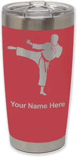Vista 22 de LaserGram Vaso aislado al vacío de 20 onzas, Karate Man, grabado personalizado incluido (negro) Engraved Gift, Vacuum Insulated Stainless Steel
