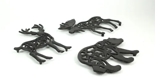 Vista 4 de Juego de 3 salvamanteles decorativos de hierro fundido negro para colgar en la pared, diseño de animales salvajes de bosque salvaje y oso, 9