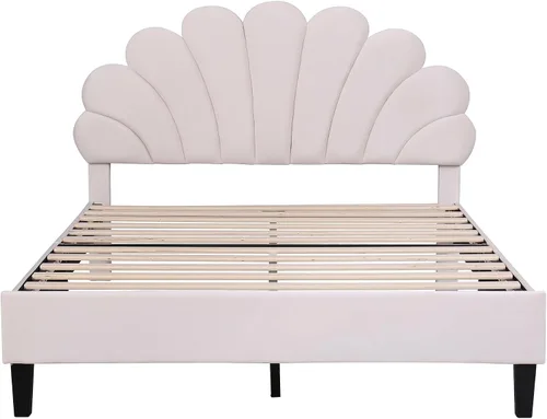 Vista 6 de Cama de plataforma tapizada de tamaño matrimonial con cabecera de terciopelo, no necesita somier, color beige