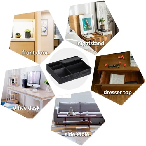 Vista 4 de BEWISHOME Bandeja organizadora de aparador para hombre organizador de mesita de noche para accesorios de joyería fibra de carbono piel sintética