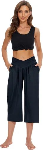 Vista 5 de Pantalones capri para mujer, para yoga, descanso, pierna ancha, holgados, cruzados, cintura alta, pantalones capri de verano