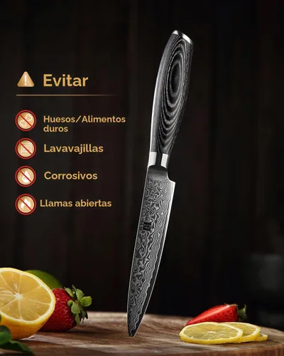 Vista 8 de XINZUO Cuchillo de cocina para pelar, cuchillo de acero de Damasco súper afilado de 5 pulgadas, cuchillo de frutas, mango de madera de Pakkawood