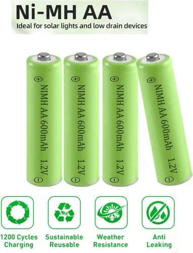 Vista 7 de Paquete de 12 baterías de luz solar AA Ni-MH 600mAh 1.2Volt recargables para luz de paisaje de jardín 12 Packs Double A Battery for Outdoor