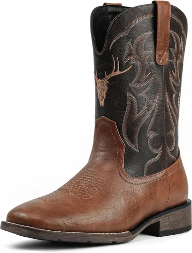 Vista 8 de Cowboy Boots for Men Square Toe Western Boots Retro Classic Embroidered Pull On Boot Café