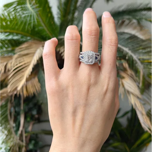 Vista 3 de DovEggs 3.26ct Total 5x7mm G-H-I Color Emerald Cut Moissanite Antqiue Double Halo Engagement Ring Moissanite&Blue Sapphire Accents Curved Enhancer