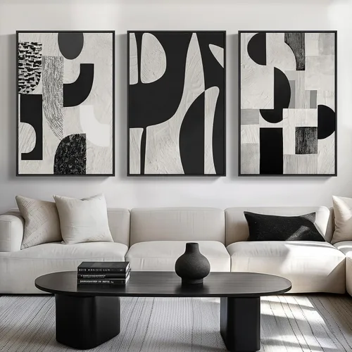 Vista 8 de Arte de pared abstracto moderno enmarcado en blanco y negro, 3 piezas de impresiones en lienzo pinturas obras de arte para paredes, cuadros Negro