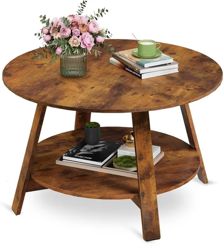 Vista 15 de WLIVE - Mesa de centro redonda, mesa de café pequeña de 32.6" con estante de almacenamiento, mesa de centro de madera de 2 niveles para sala