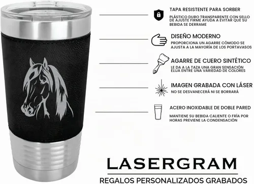 Vista 3 de LaserGram - Vaso de 20 oz con aislamiento al vacío, diseño de cabeza de caballo 1, (piel sintética, negro)