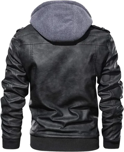 Vista 3 de Hood Crew - Chaqueta bomber para hombre, casual, con cuello alto, cazadora de moto, de piel sintética de poliuretano, con cremallera y capucha