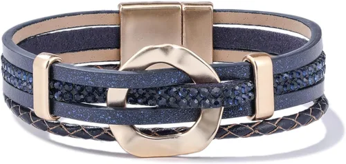 Vista 11 de Pulseras de cuero con diamantes de imitación, estilo bohemio, trenzadas Negro