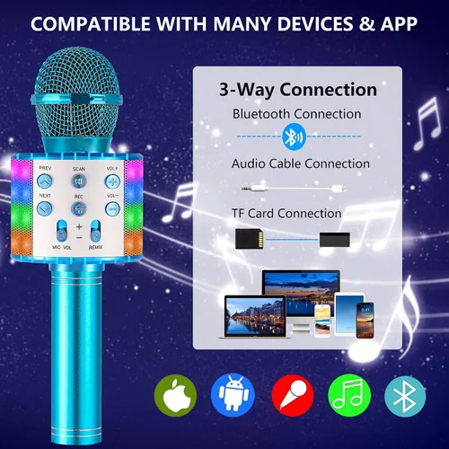 Vista 5 de Micrófono de karaoke para niños, inalámbrico Bluetooth portátil de mano, micrófono de karaoke para cantar, con luces LED, regalo para niñas, niños