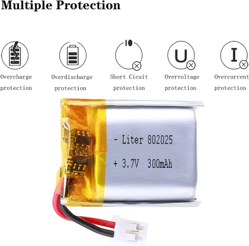 Vista 4 de Batería recargable de iones de polímero de litio de 3,7 V 300 mAh 802025 Lipo con conector JST PH 0.079 in