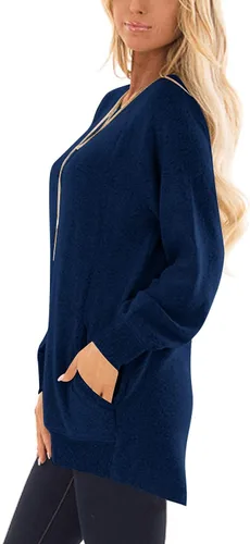 Vista 2 de Wekili - Sudadera de manga larga para mujer, cuello redondo, tipo túnica, holgada, camisa informal, con bolsillos