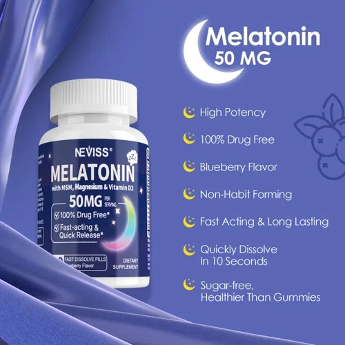 Vista 7 de NEVISS Melatonina 50 mg para Adultos - Fuerza Extra 9-en-1 de Disolución Rápida Sublingual - Dosis Alta con Glicinato de Magnesio, Vitamina D3