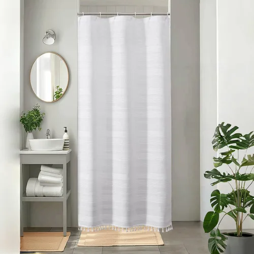 Vista 22 de OVZME Cortina de ducha bohemia negra, cortina de ducha estrecha de tela suave a rayas de lino texturizado con borla, moderna decoración de baño