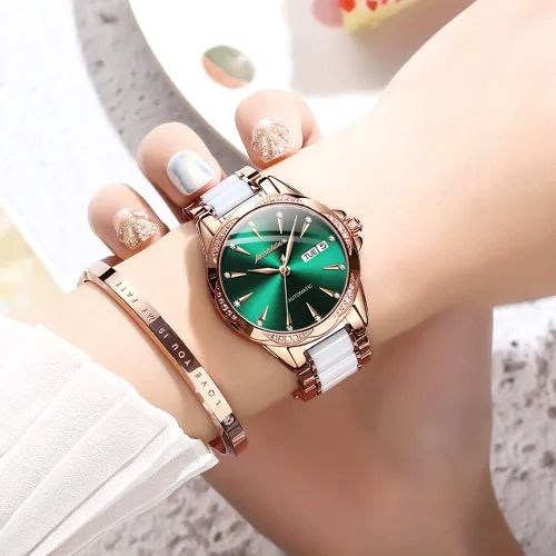 Vista 2 de OLEVS Reloj automático de cara grande para mujer, reloj de vestir automático acentuado con diamantes para mujer, cristal de zafiro resistente al