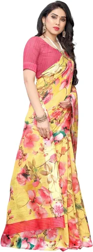Vista 3 de Mithila Root Vestidos étnicos indios de lino con estampado floral digital para mujer, Sari con blusa