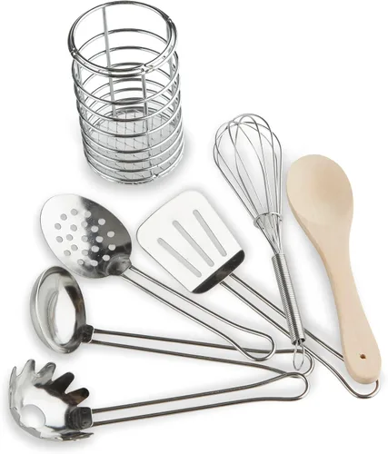 Vista 9 de Melissa & Doug utensilios de cocina para revolver y servir, 7 piezas de acero inoxidable y madera.