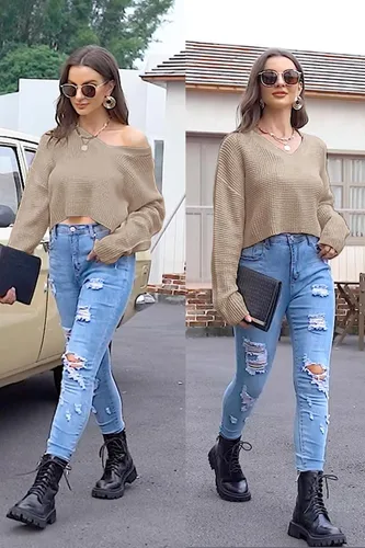 Vista 4 de Jumppmile Suéter corto de manga larga con cuello en V para mujer