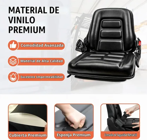 Vista 6 de Asiento universal de carretilla elevadora, asiento de tractor con cinturón de seguridad, respaldo ajustable e interruptor de posición del operador