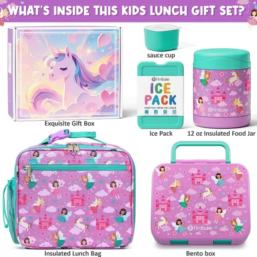 Vista 2 de Fimibuke Lonchera Bento para niños con tarro para alimentos, contenedor de almuerzo para snacks de 32OZ con 3 compartimentos, bolsa de almuerzo