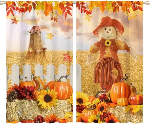 Vista 10 de Divertidas cortinas opacas de calabaza y espantapájaros para sala de estar, rústicas de otoño, hojas de arce, girasol, cosecha de otoño, puesta