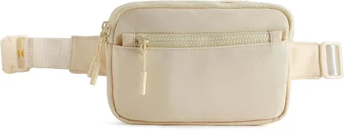 Vista 3 de Riñoneras con 4 bolsillos con cremallera, correas ajustables para mujeres y hombres, cintura cruzada para entrenamiento, senderismo, correr, Beige