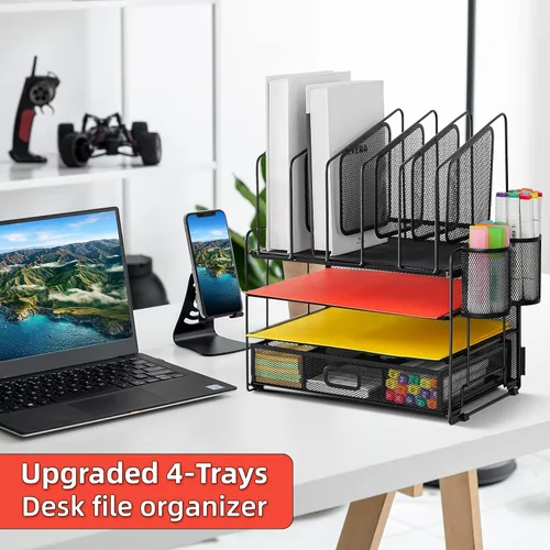 Vista 3 de Marbrasse Organizador de escritorio con cajón, organizador de archivos de malla de 4 niveles con 5 soportes verticales para archivos y 2 soportes