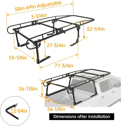 Vista 9 de Rack Ajustable para Camión de Contratistas de 1000 LBS, Escalera, Pickup, Kayak, Rack de Madera, Barra Lateral, Cabina Larga, Tamaño Completo