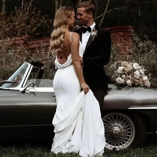 Vista 2 de Simple Beach Wedding Dresses Long A-Line Spaghetti Straps Bridal Gowns with Train V Neck Evening Gown for Bride