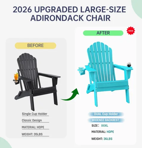 Vista 9 de Plawdlik Silla Adirondack plegable de gran tamaño mejorada 2026, silla para hoguera resistente de 380 libras con respaldo extra alto de 37.8