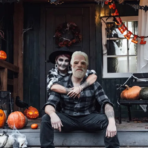 Vista 4 de GBSELL Máscara facial de Halloween 2023 en forma de abuelo con peluca realista de arrugas humanas para cosplay, herramientas para fiesta, carnaval