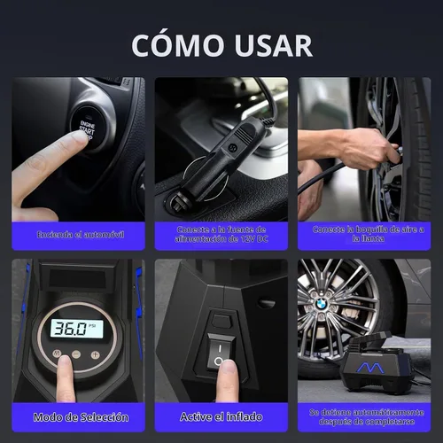 Vista 6 de Inflador de neumáticos, compresor de aire portátil, bomba de aire para neumáticos de automóvil, cable de 9.84 pies, bomba automática de 12 V CC