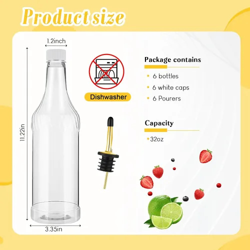 Vista 2 de Dandat 12 botellas de plástico de cuello largo de 32 onzas con vertedor y tapas, botellas de plástico para verter jugo con vertedores de acero