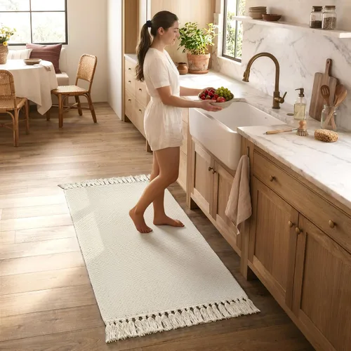 Vista 94 de Collive Alfombra de Baño Negra, 2' x 3' Tejida a Mano Lavable Alfombras Pequeñas de Cocina, Alfombra de Entrada Reversible de Algodón Alfombra