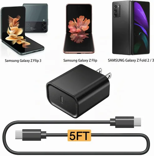 Vista 2 de Cargador de pared rápido USB C PD de 18 W para Samsung Galaxy Z Flip 3/4/5/6/7/7FE/8, Galaxy Z Fold 2/3/4/5/6/7/8 5G teléfono con cable de carga